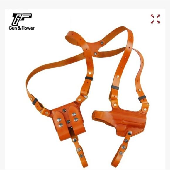 Gun&Flower Universal Vertical Concealed Leather Shoulder Holster with Double Mag - Picture 1 of 11